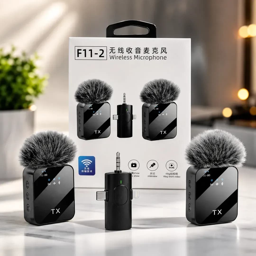 F11-2 Dual Wireless Microphone Set – 3-in-1 Type-C, Lightning & 3.5mm Professional Lavalier Mic