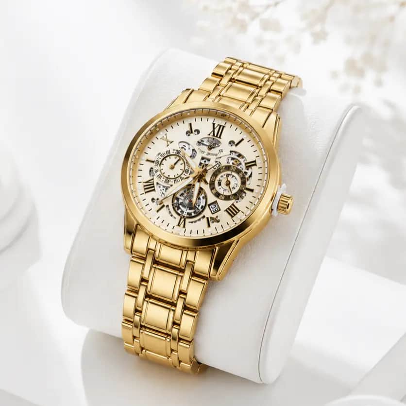 Luxury Gold Skeleton Quartz Men's Watch – Roman Dial | Waterproof & Luminous