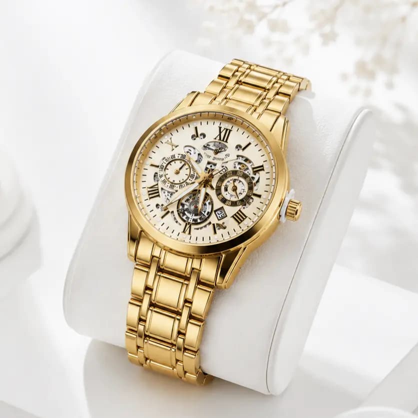 Luxury Gold Skeleton Quartz Men's Watch – Roman Dial | Waterproof & Luminous