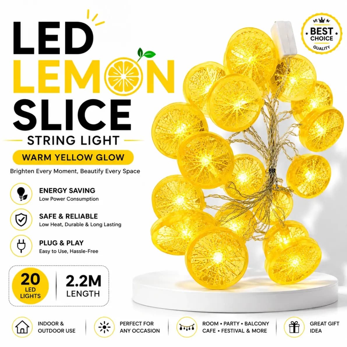 LED Lemon Slice String Light - Warm Yellow Glow (2.2M, 20 LED)