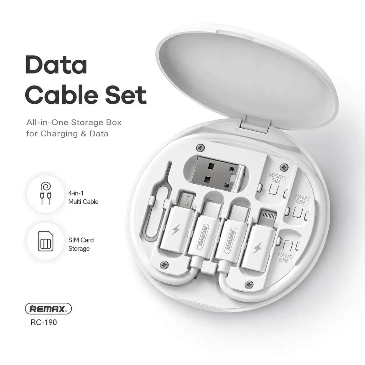 Remax RC-190 4-in-1 ডাটা কেবল সেট | Fast Charging | Portable Storage Box