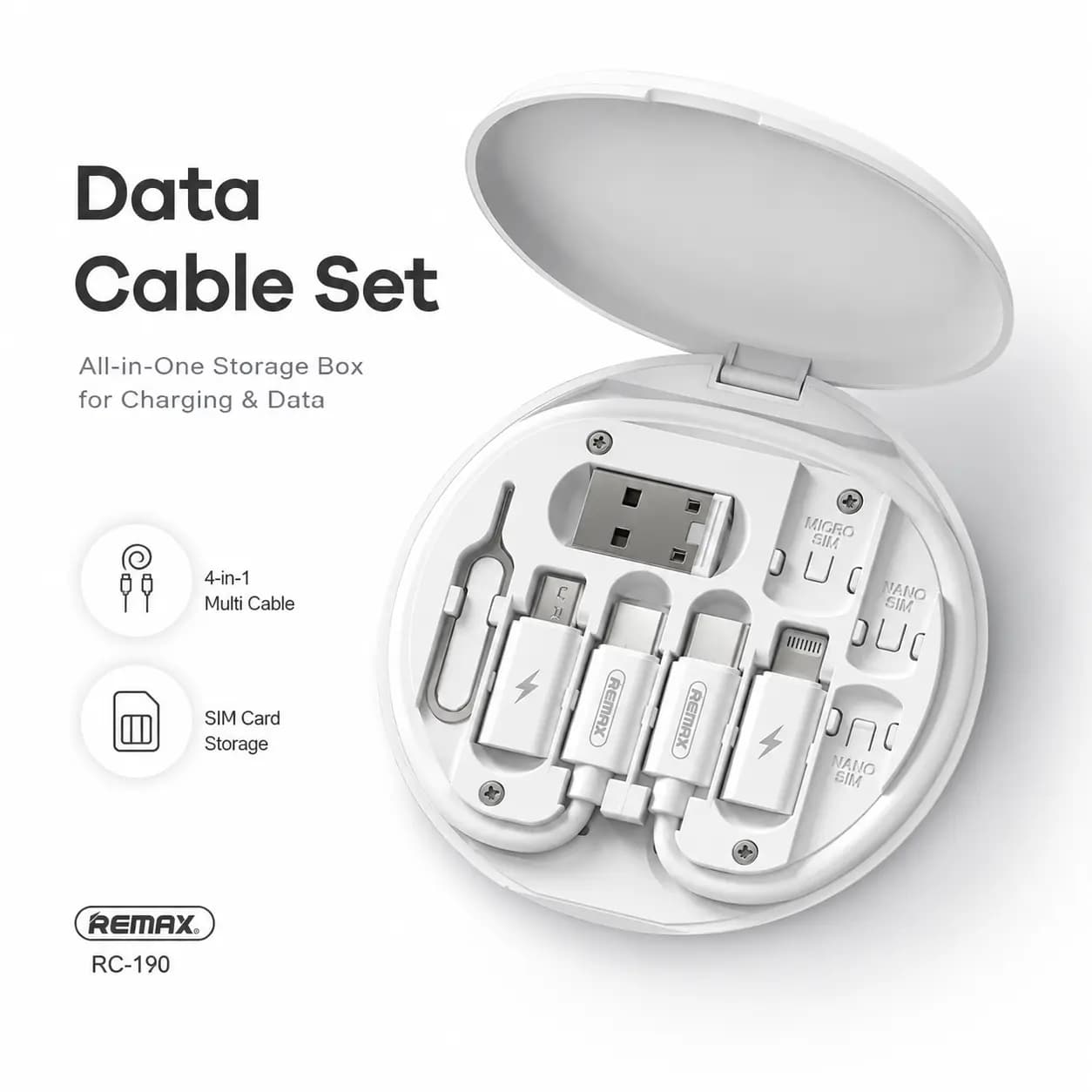 Remax RC-190 4-in-1 ডাটা কেবল সেট | Fast Charging | Portable Storage Box