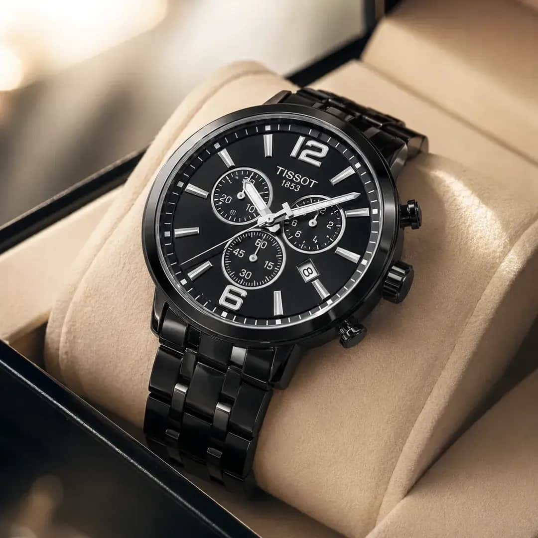 Tissot Premium Chronograph Watch for Men | Swiss Quartz Sapphire Crystal | Black PVD Stainless Steel